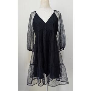 Entro black sheer polka dot tiered dress with long mesh sleeves sz M whimsigoth